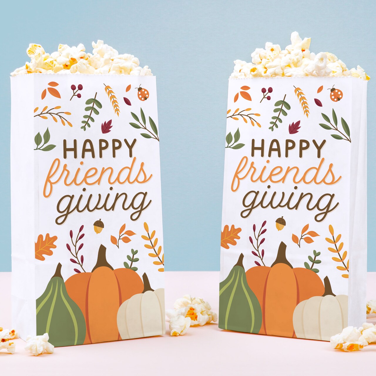 Big Dot of Happiness Fall Friends Thanksgiving Popcorn Bags, Friendsgiving Party Favor Snack Treats, Free-Standing Individual White Paper Bags - 25 Ct